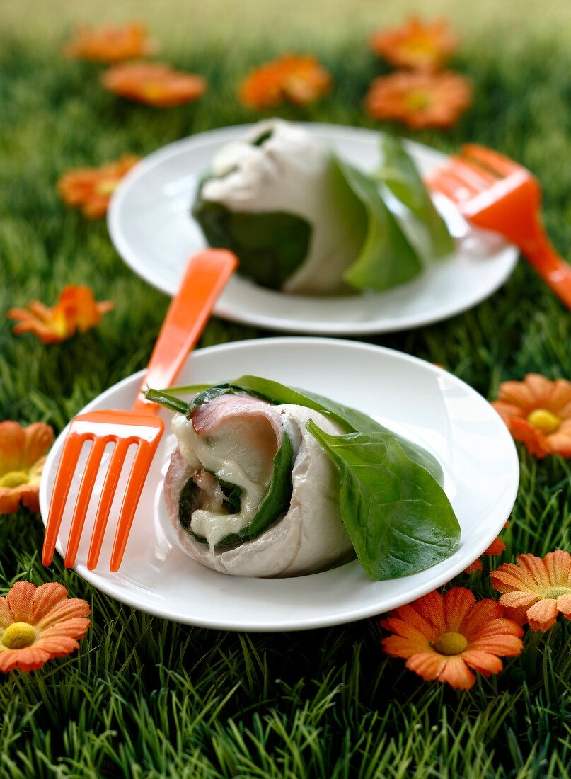 Steamed chicken, spinach and mozzarella rolls