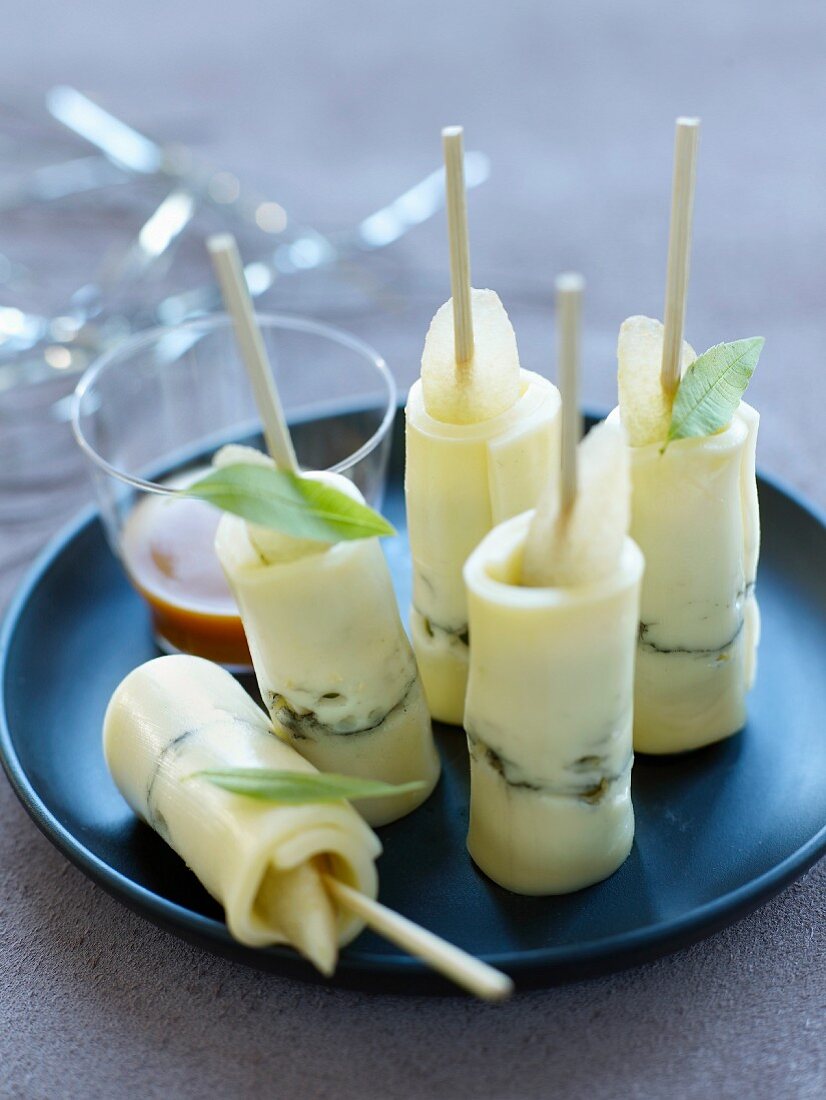 Morbier, pear and verbana rolled appetizers