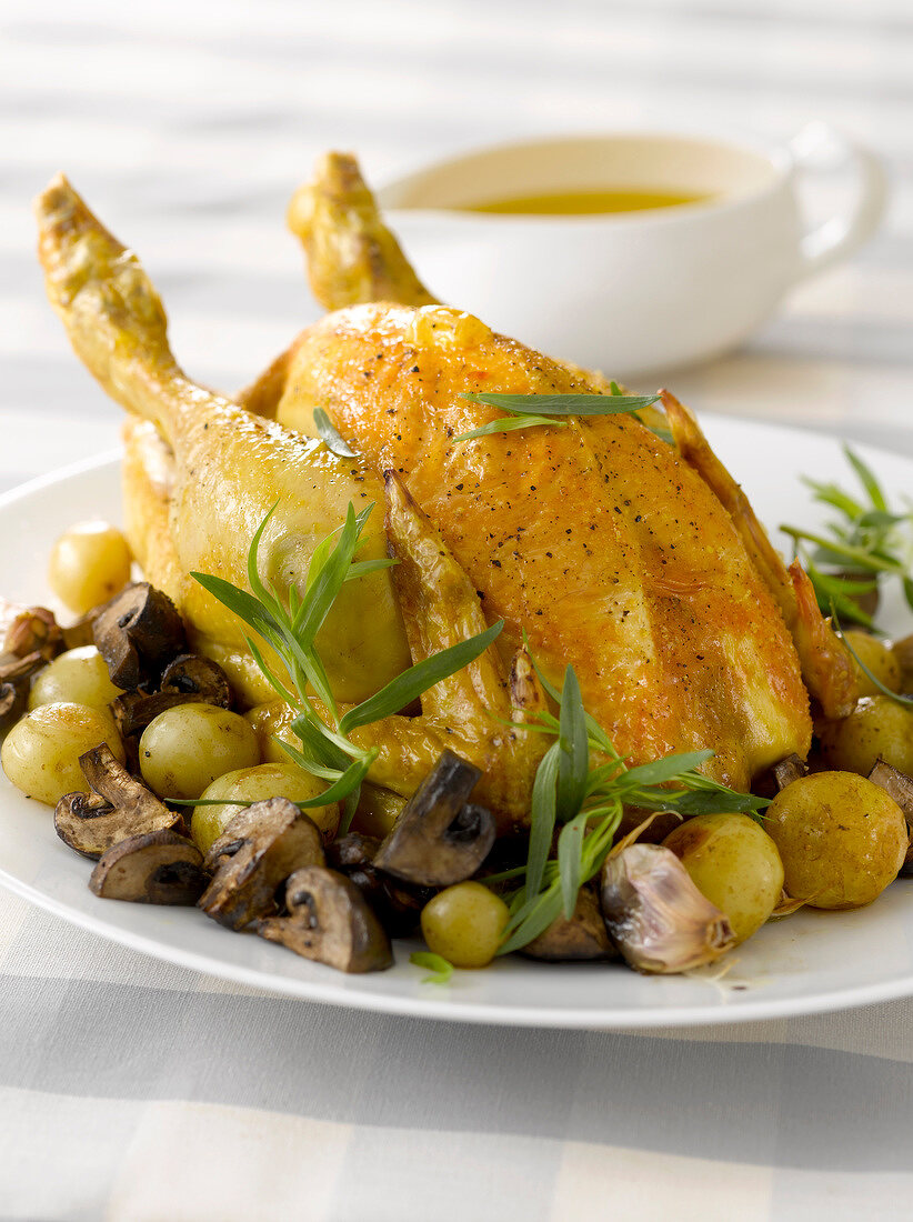 Roast chicken with mushrooms and sauteed potatoes