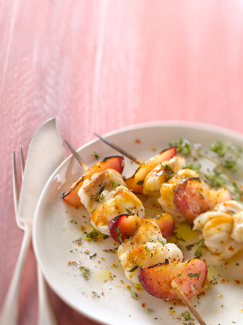 Monkfish,peach and thyme brochettes