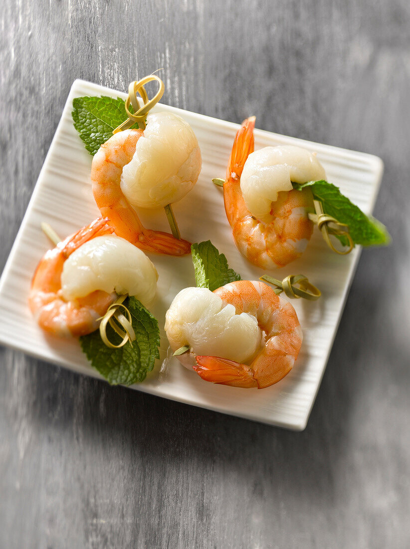 Shrimp,lychee and mint appetizers