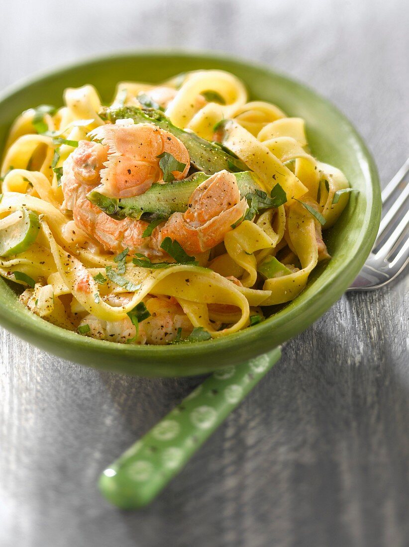 Tagliatelles with Dublin Bay prawn tails and green asparagus tops