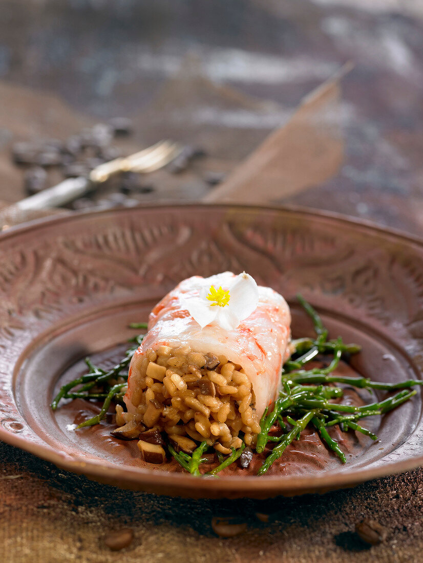 Coffee risotto rolled in raw Dublin Bay prawns