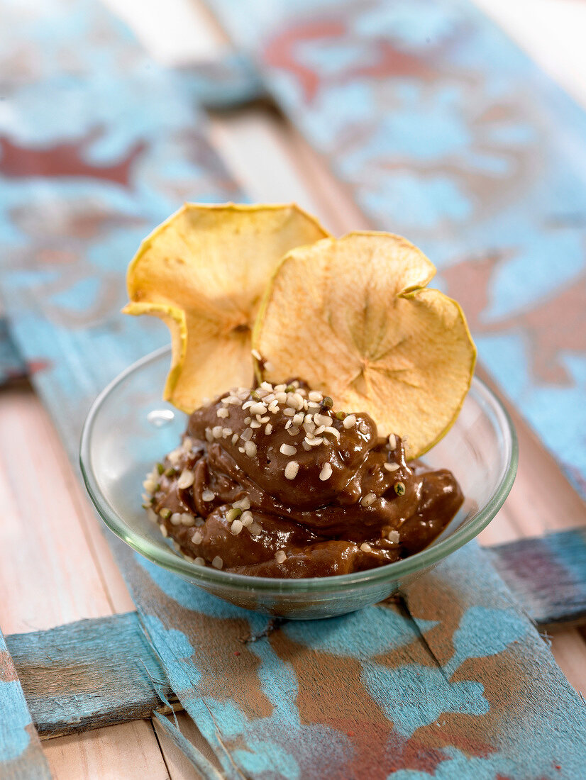 Avocado, date and cocoa mousse with apple crisps