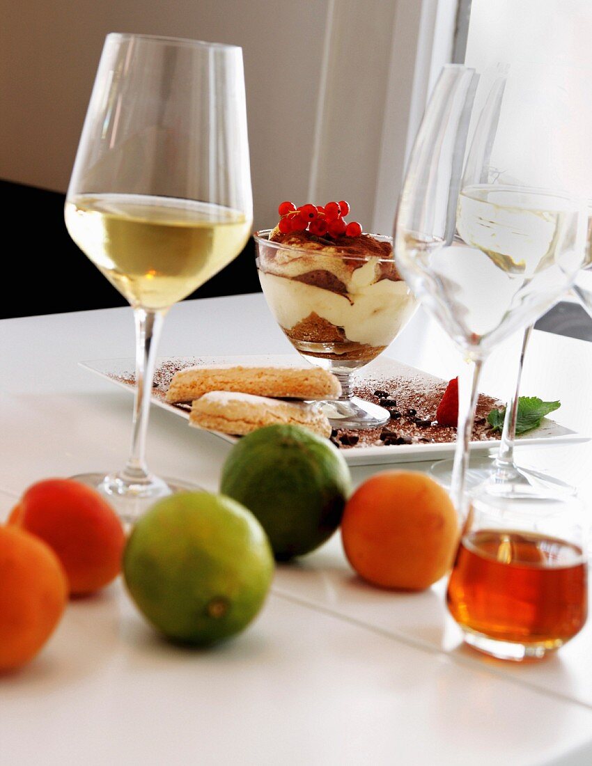 Tiramisu and fruit on a table