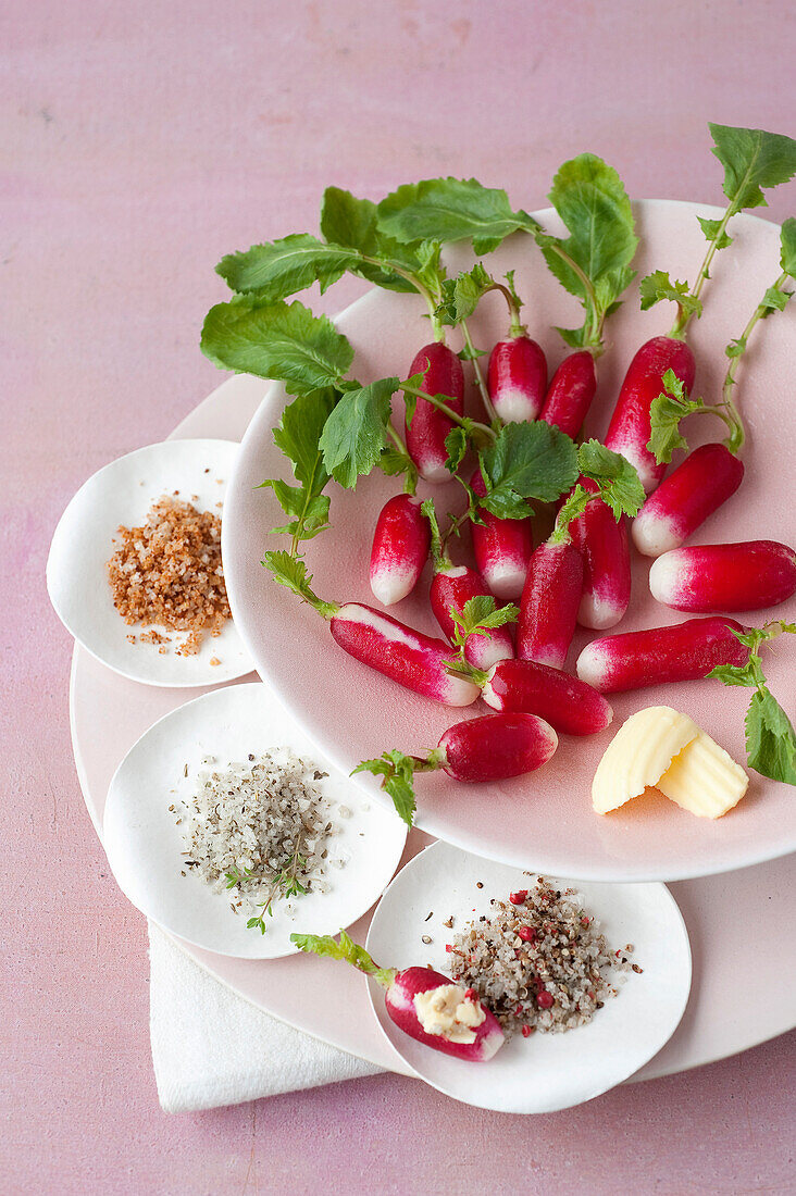 Radishes with three different flavored salts