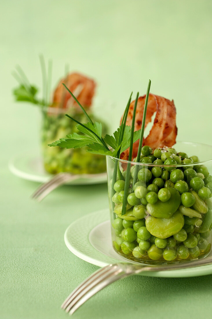 Pea,broad bean and crisp bacon Verrine