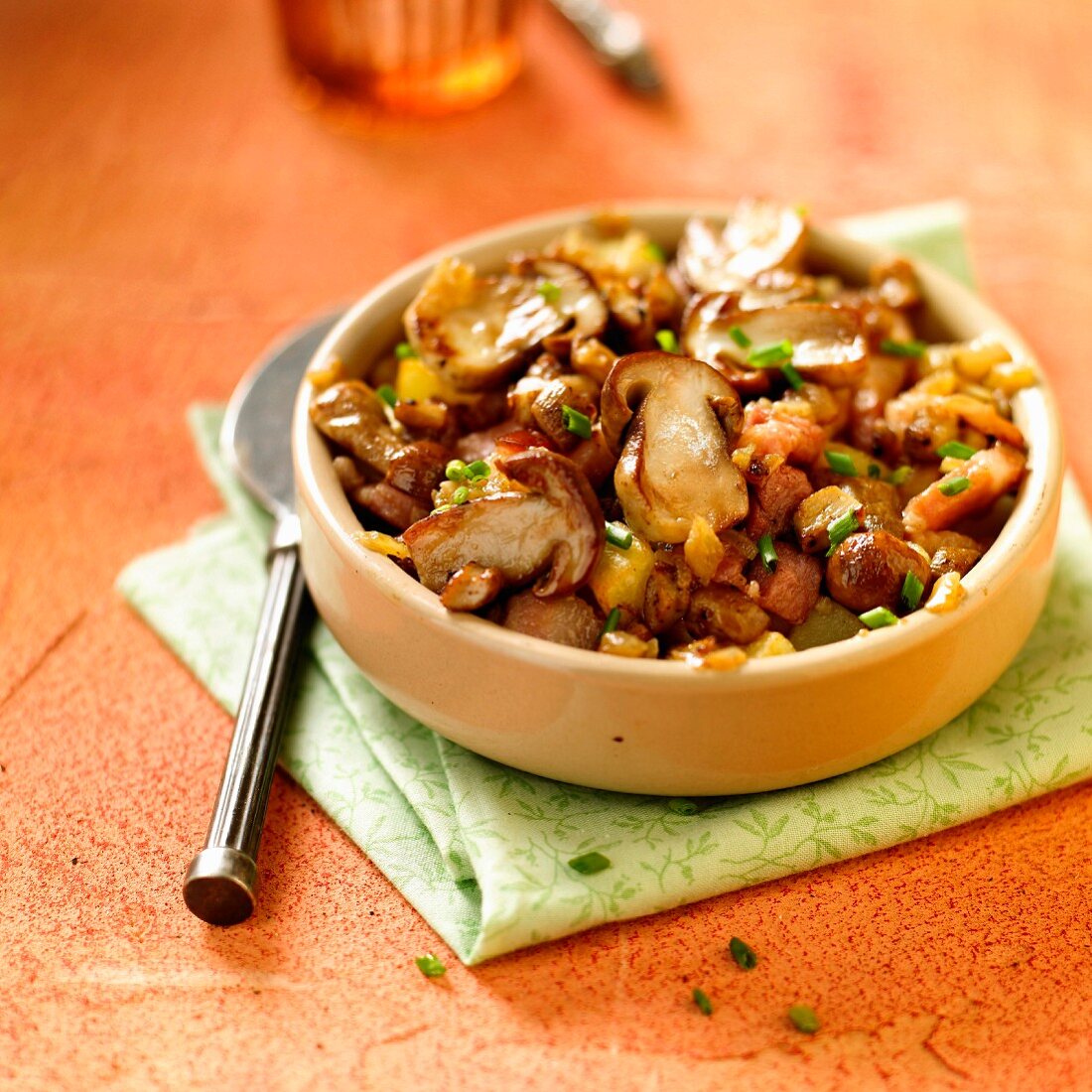 Pan-fried ceps with diced bacon