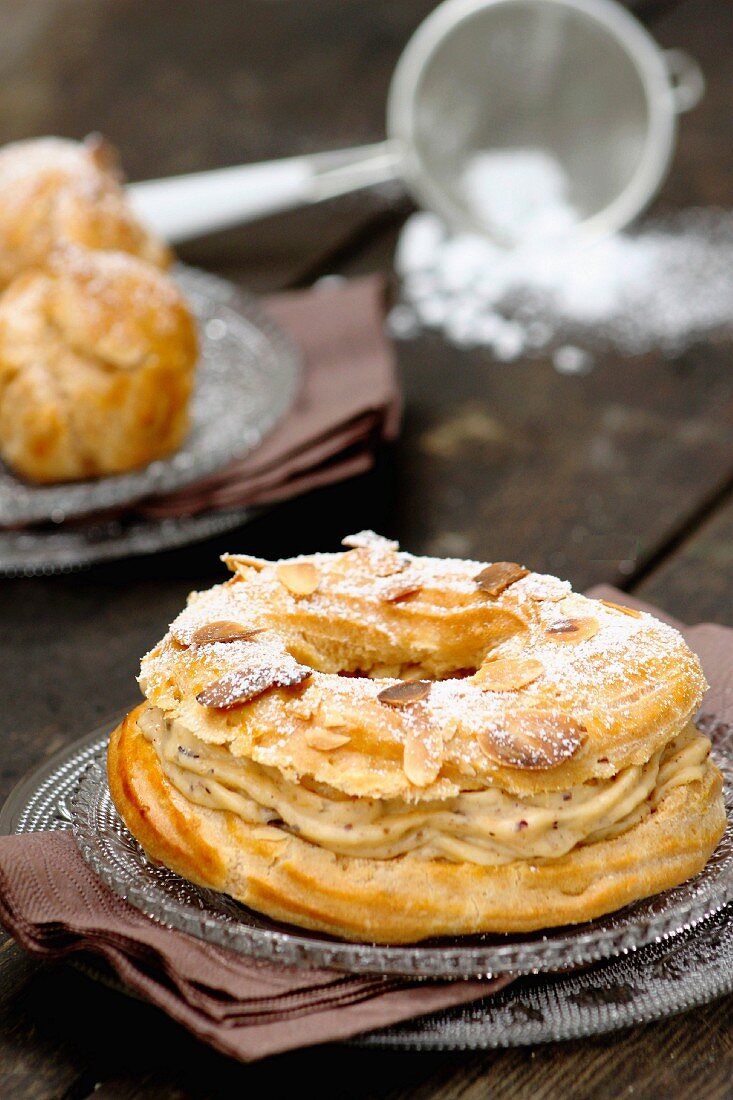 Homemade Paris-Brest (choux pastry filled with butter cream, France)