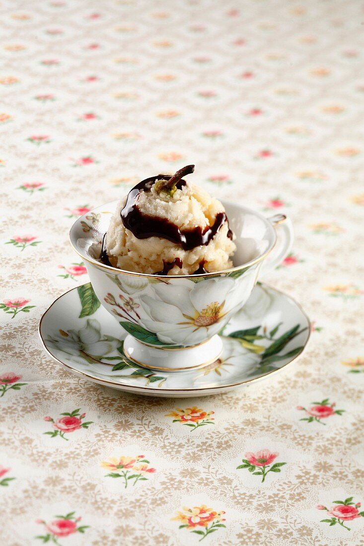 Pear sorbet with chocolate sauce