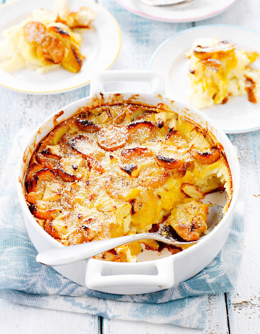 Mirabelle plum,pear and grape batter pudding