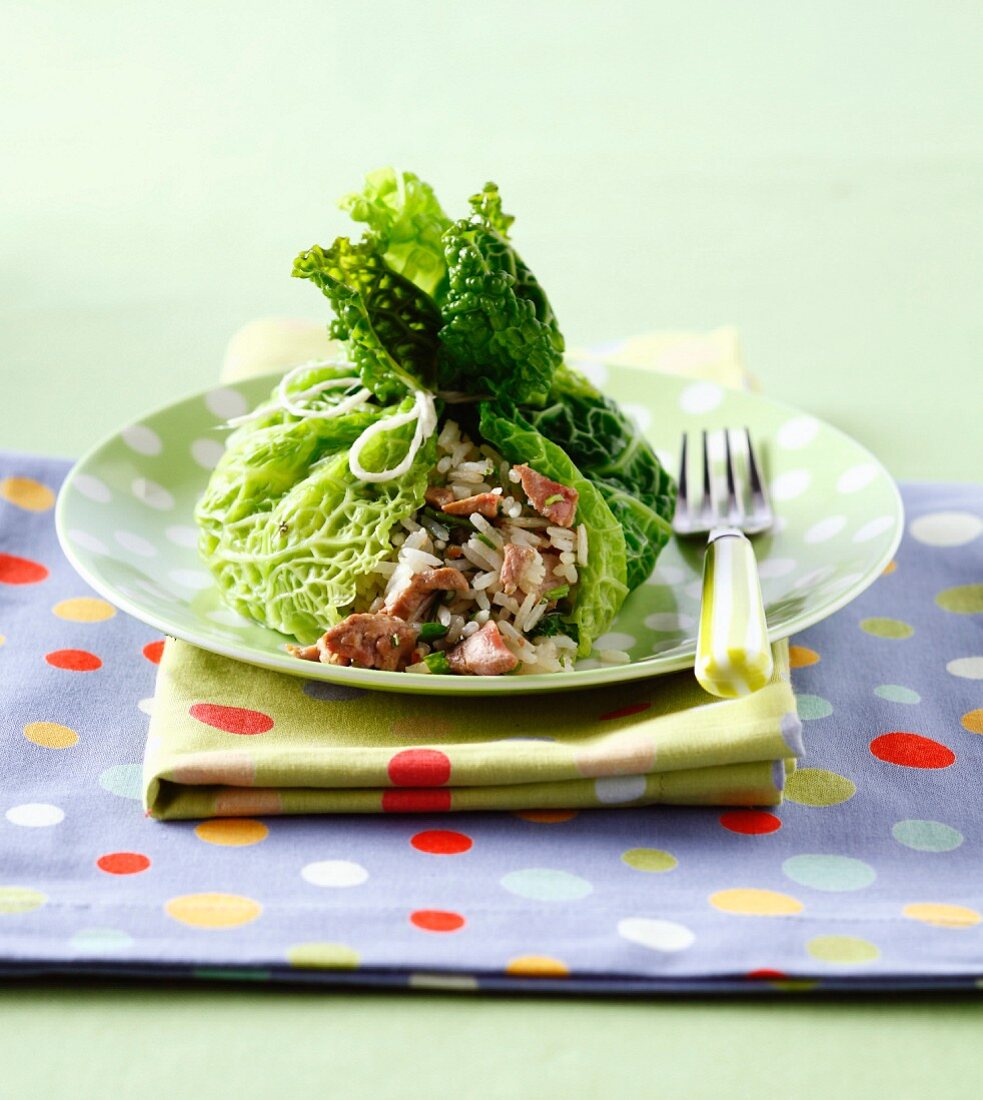 Veal liver,rice and coriander cabbage purse