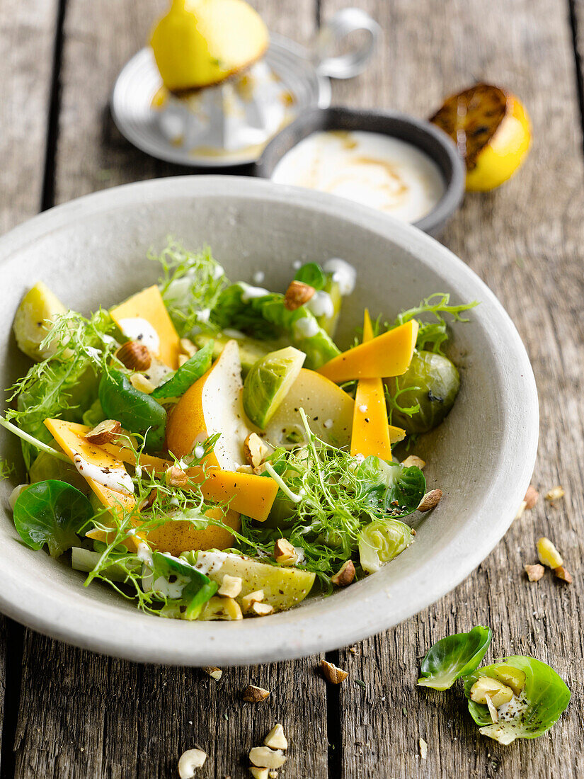 Brussels sprout,pear and Mimolette salad