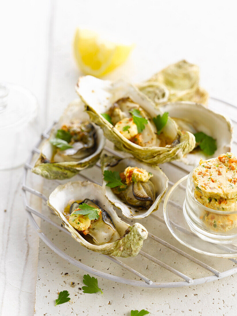 Hot oysters with risotto butter