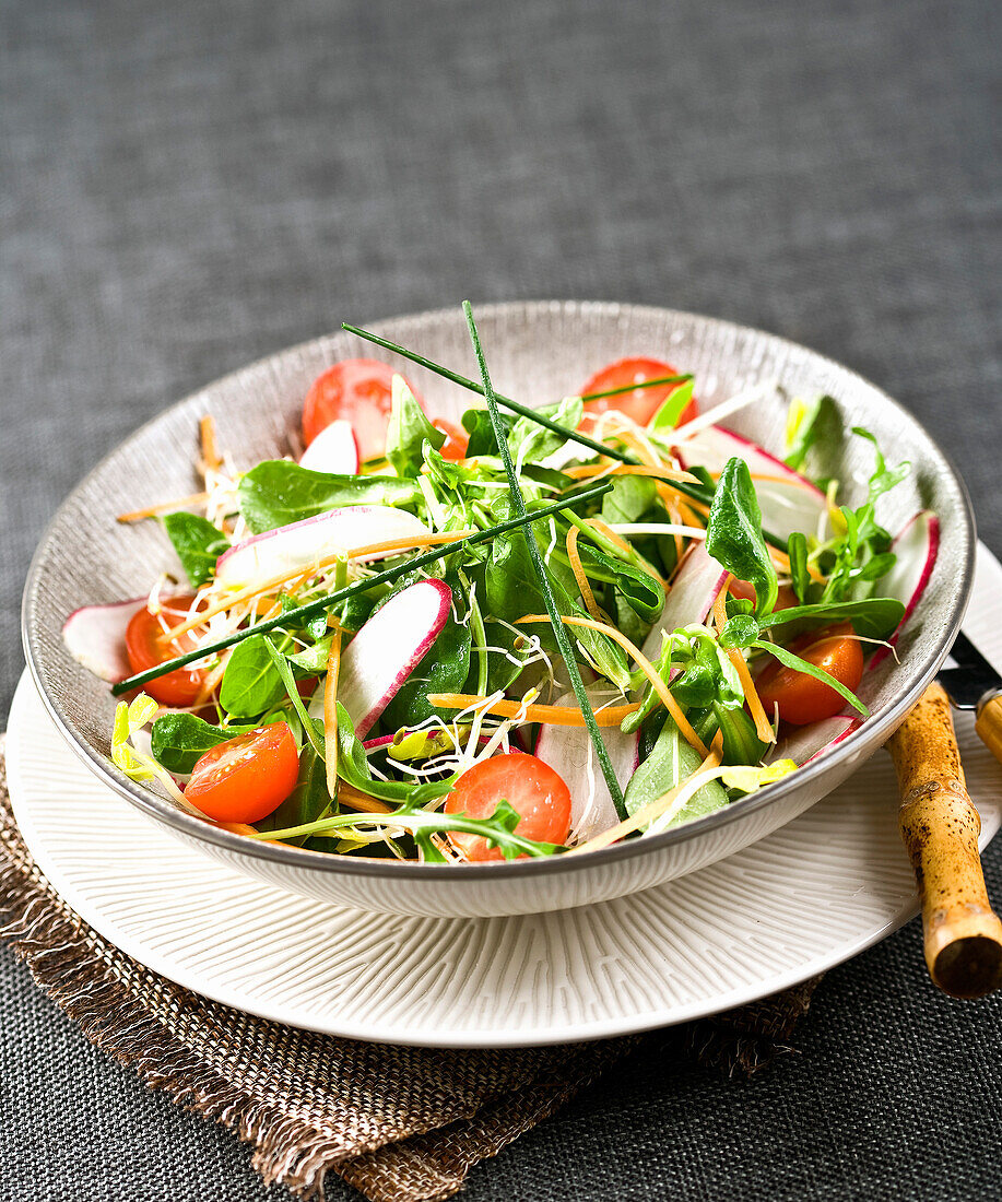 Corn lettuce, cherry tomato, radish and beansprout mixed salad
