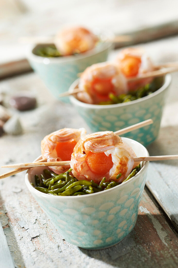 Dublin Bay prawn and melon brochettes with samphire