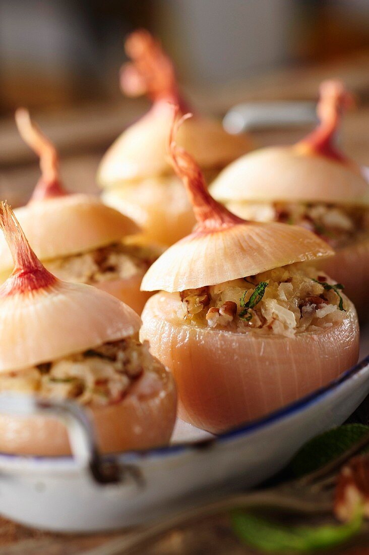 Roscoff onions stuffed with pecans and sage