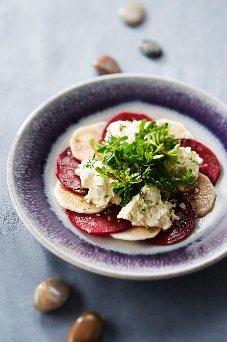 Red and white beetroot carpaccio with cream cheese