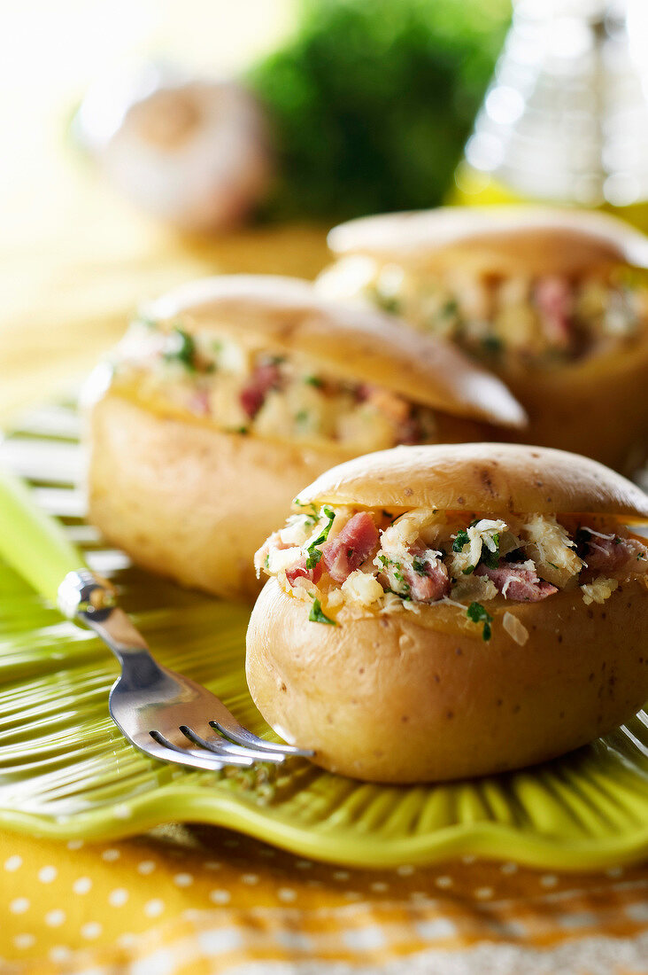 Potatoes stuffed with crab meat and diced bacon
