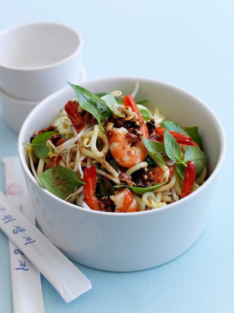 Noodles with shrimps,Thai basil and crushed and grilled peanuts