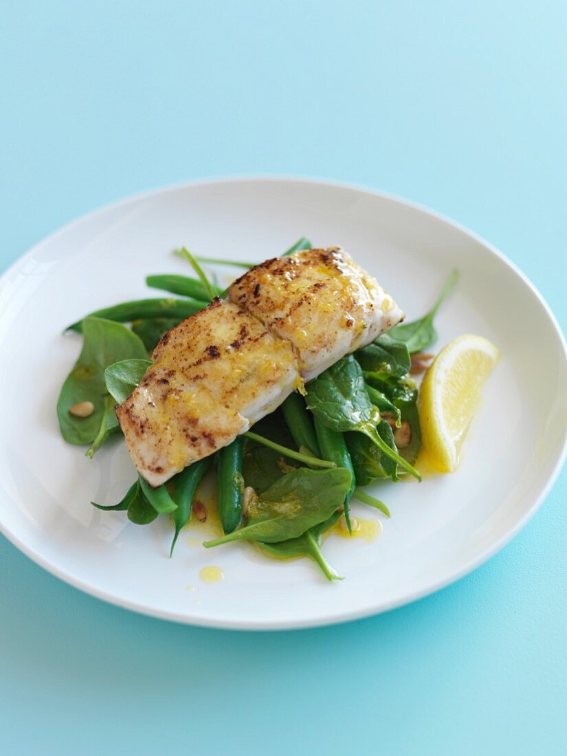 Snapper with lemon,green beans,spinach and pine nuts
