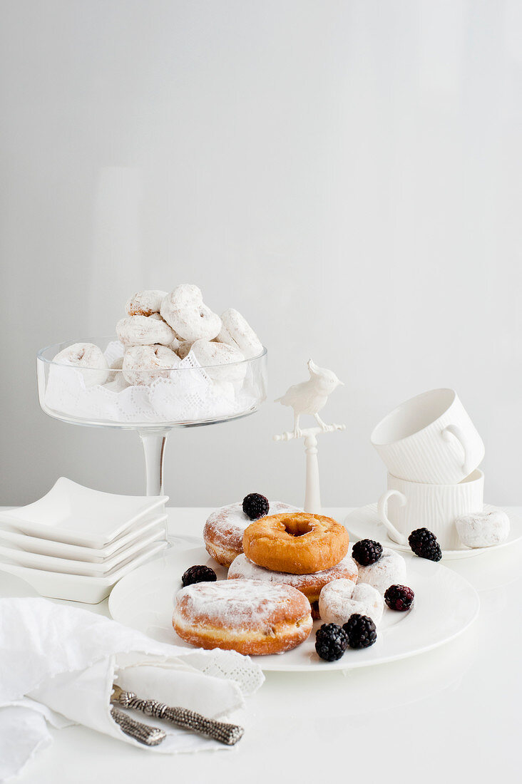 Dish of donuts and coffee