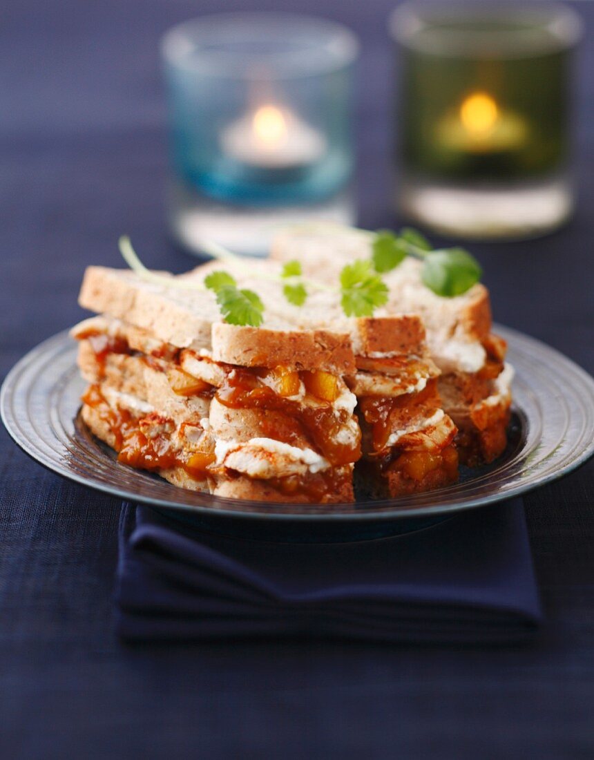 Tandoori chicken and mango chutney white bread sandwich