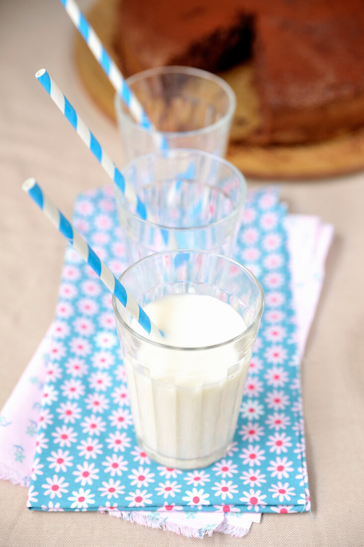 Gläser Milch mit Strohhalm