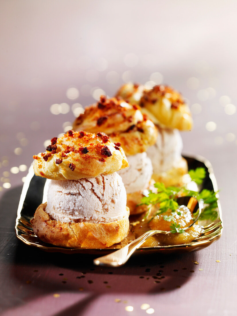 Savoury chorizo Profiteroles garnished with foie gras ice cream