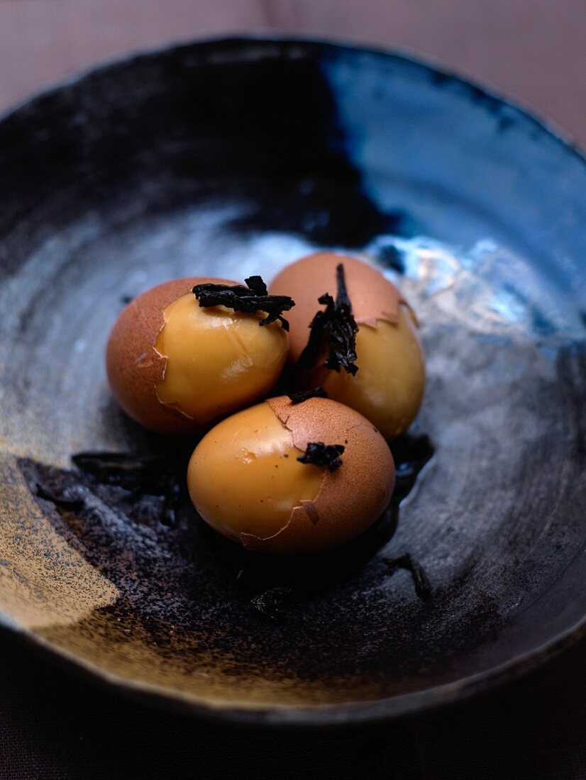 Soft-boiled eggs cooked in Wulong Shui Xian tea