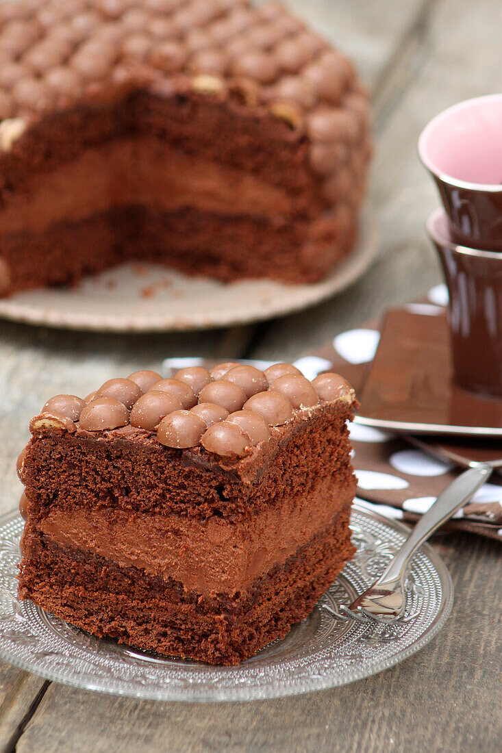 Chocolate cake decorated with chocolate balls
