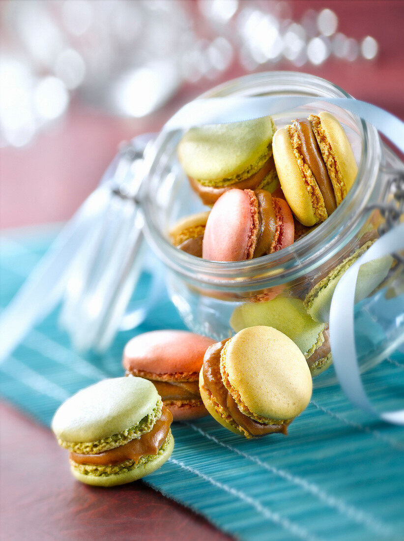 Different colored macaroons with Pralinoise Poulain Dessert cream filling