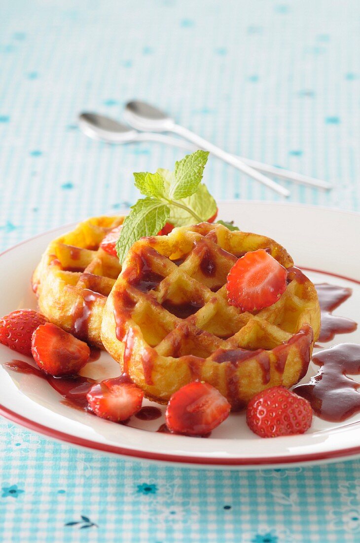 Mini waffles with strawberry puree