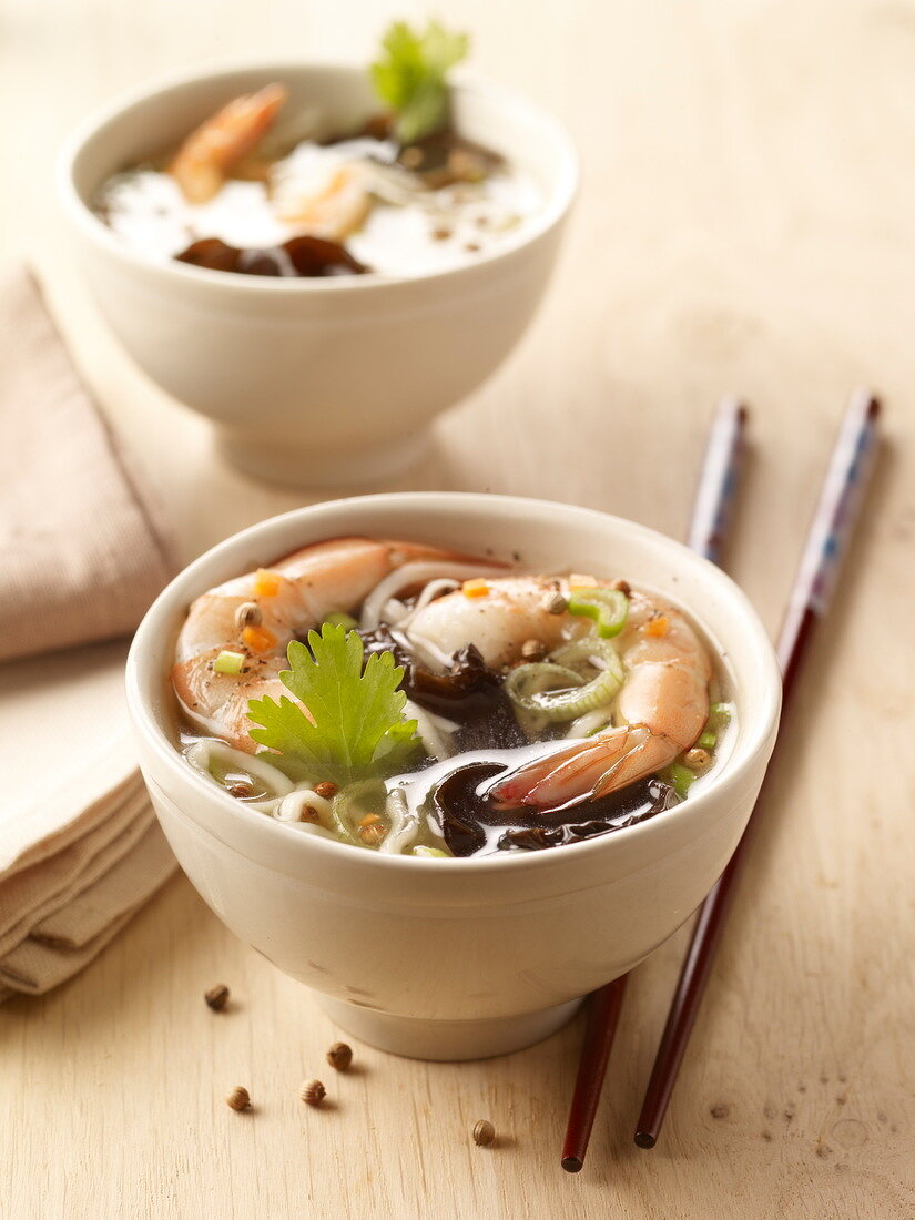 Shrimp,noodle and black mushroom soup