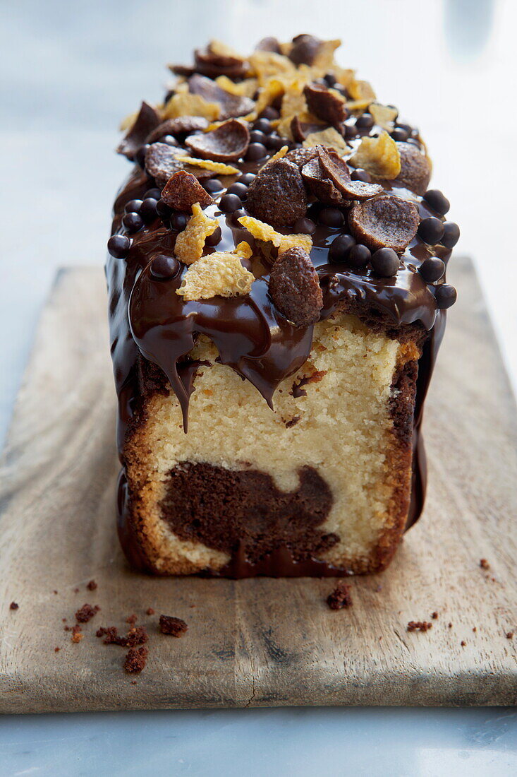 Marble cake topped with chocolate and cornflakes
