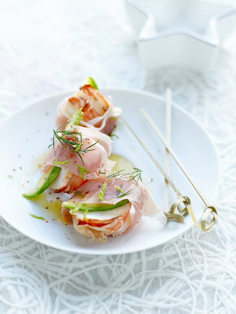 Lobster, Aoste ham, thinly sliced avocado and lime bites