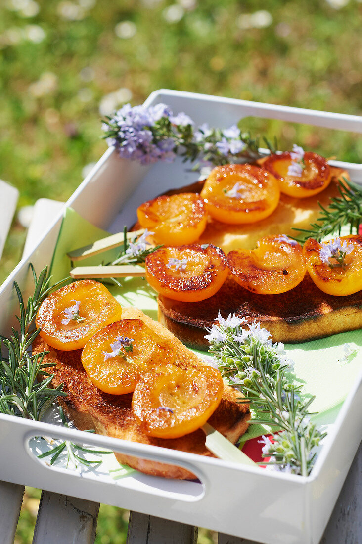Apricot brochettes on toasted sliced brioche