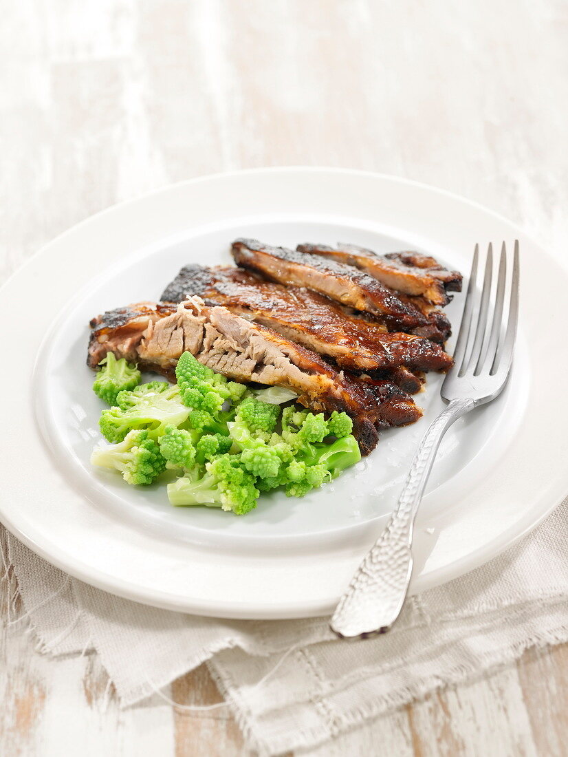 Marinated pork chops with romanesco cabbage