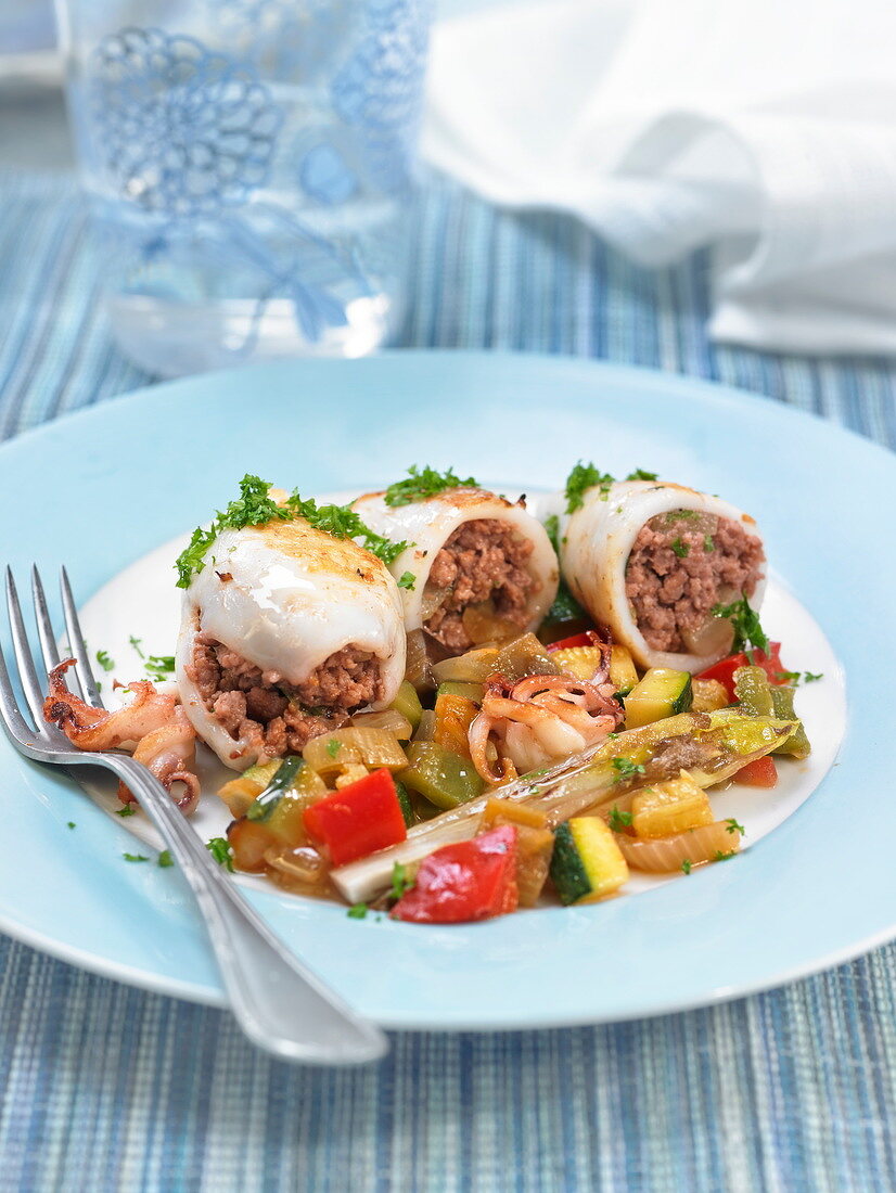 Stuffed squid with pan-fried vegetables