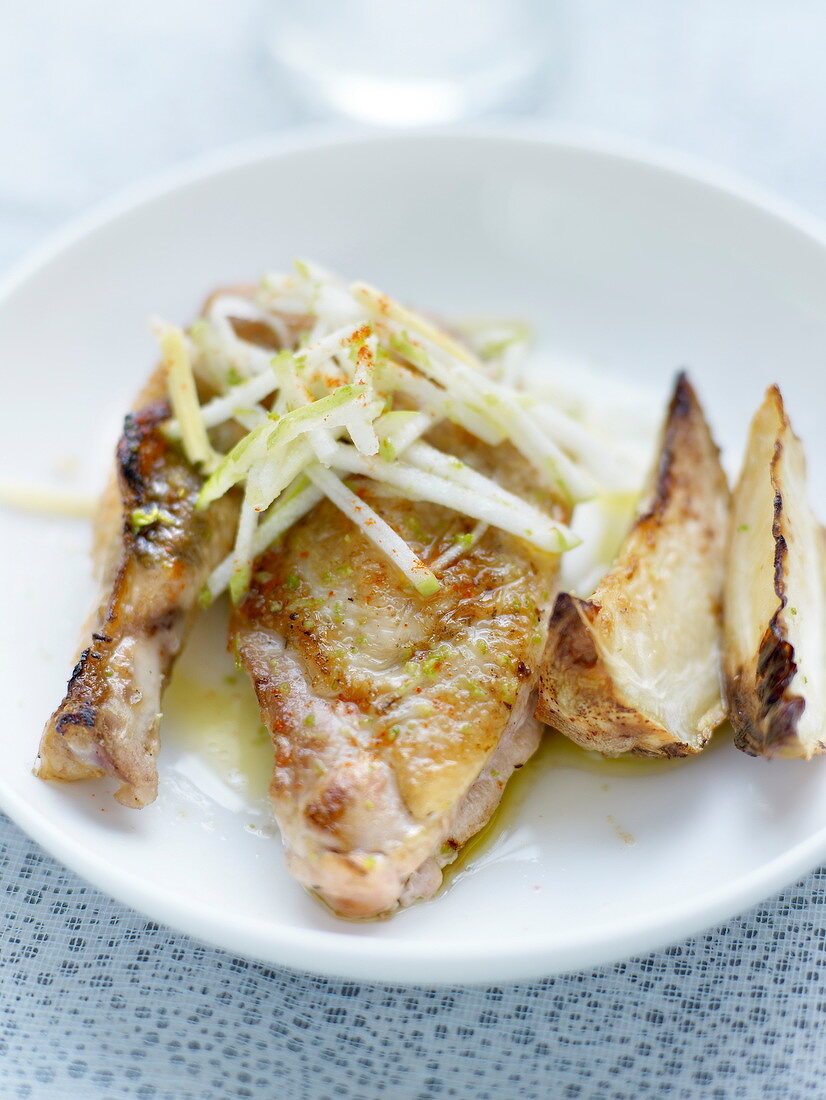 Roasted chicken and celeriac with thinly sliced green apple and Espelette pepper