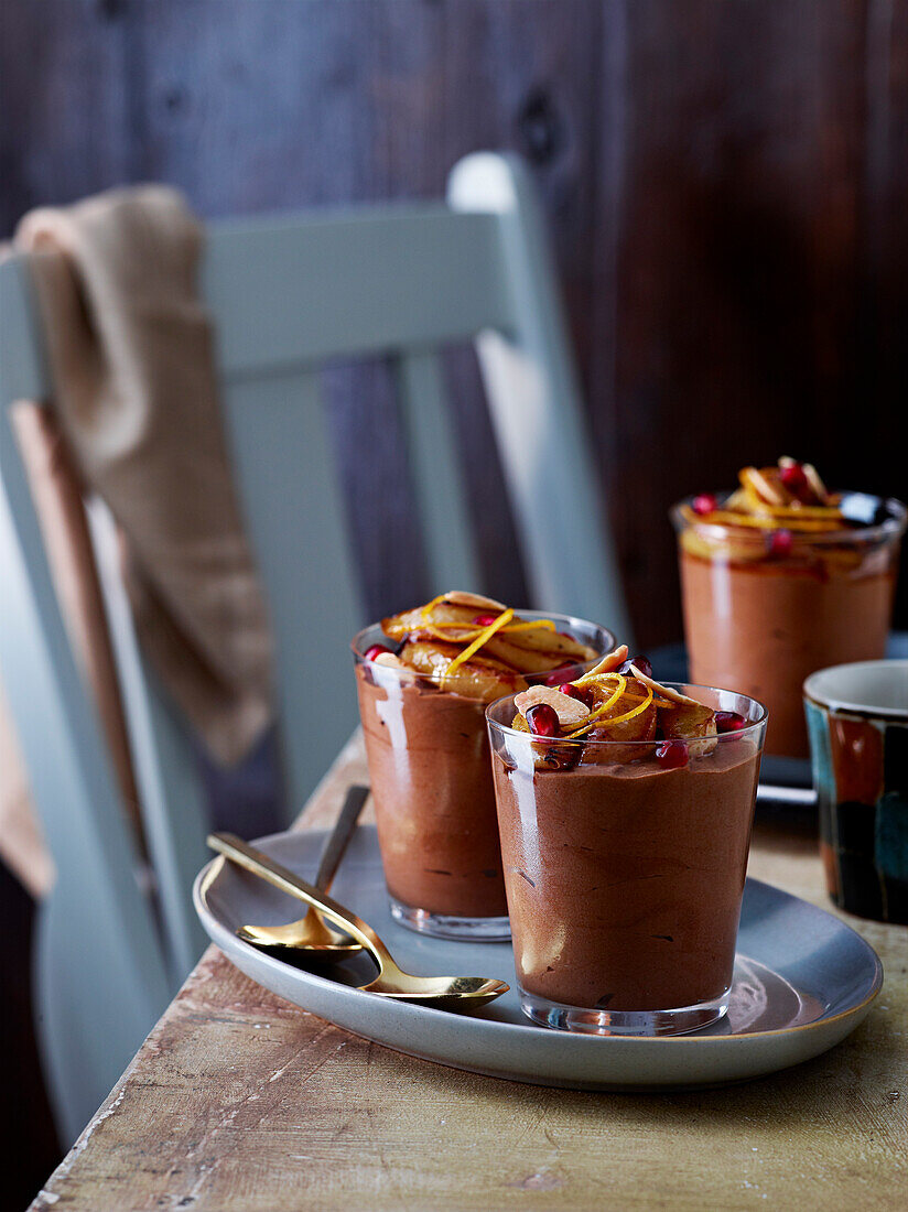 Chocolate mousse with pear and pomegranate