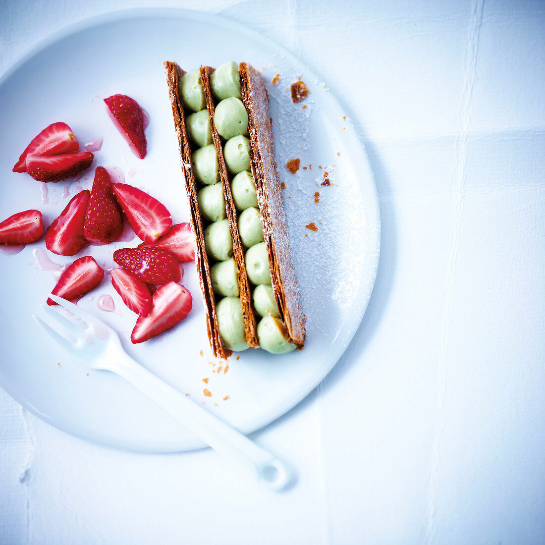 Green tea mousse Mille-feuille with strawberries