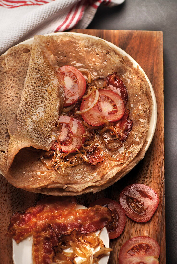 Streaky bacon, tomato and onion country Galette