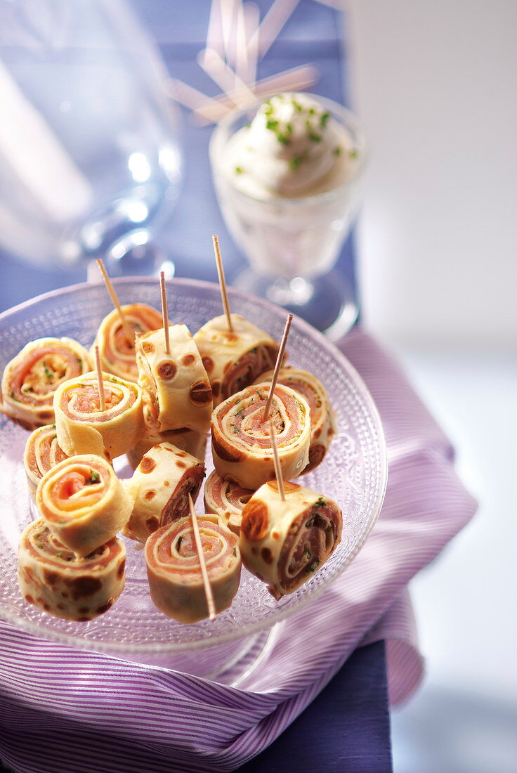 Crepe and salmon roll appetizers