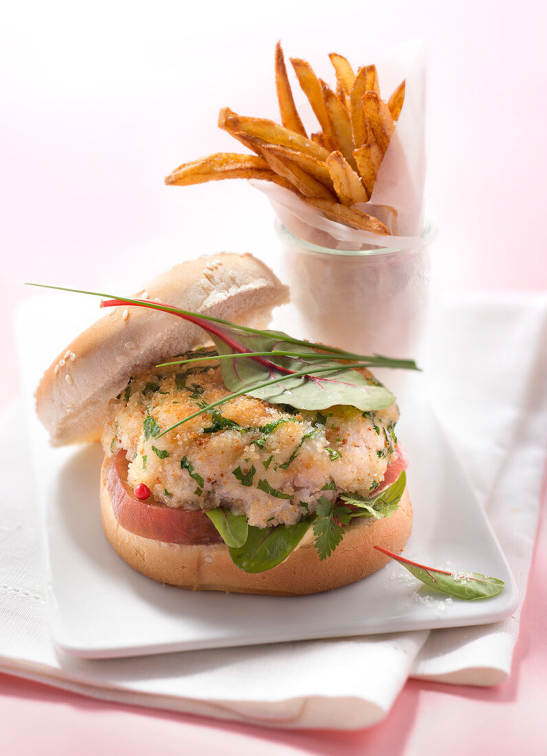 Fish burger with french fries