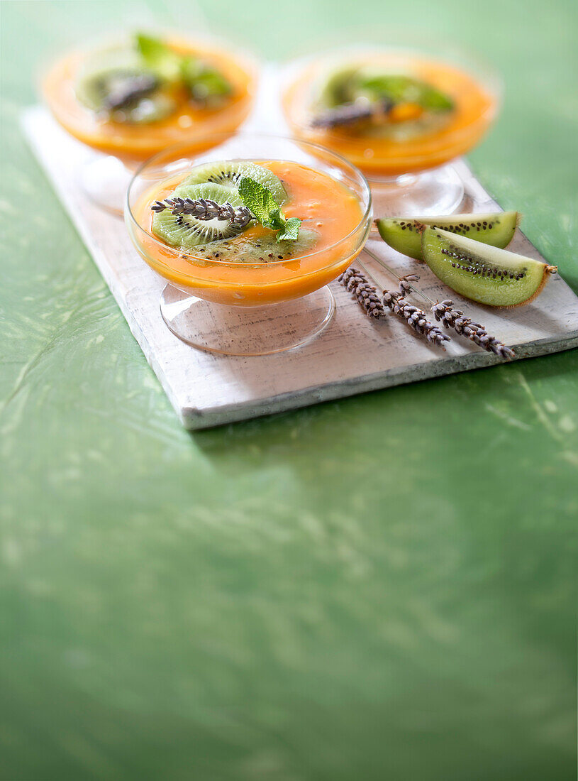 Apricot and kiwi soup with lavander honey