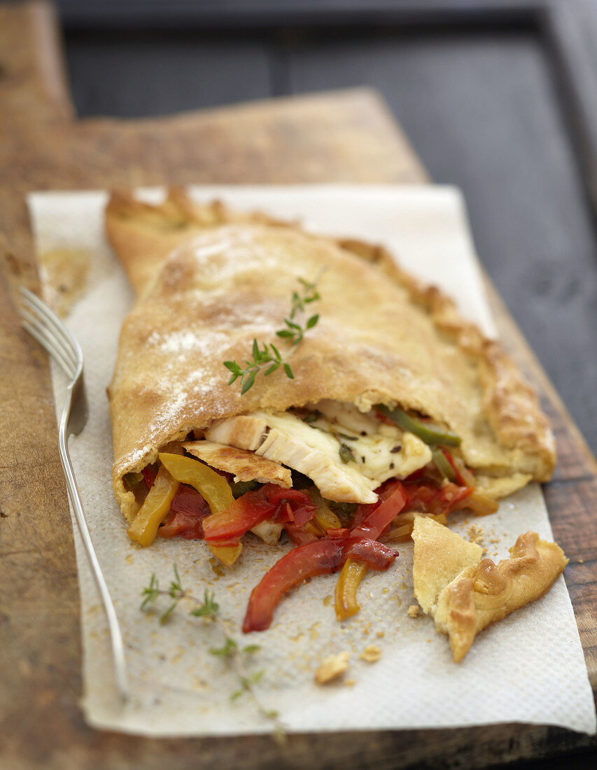 Chicken,mozzarella and piperade Calzone pizza