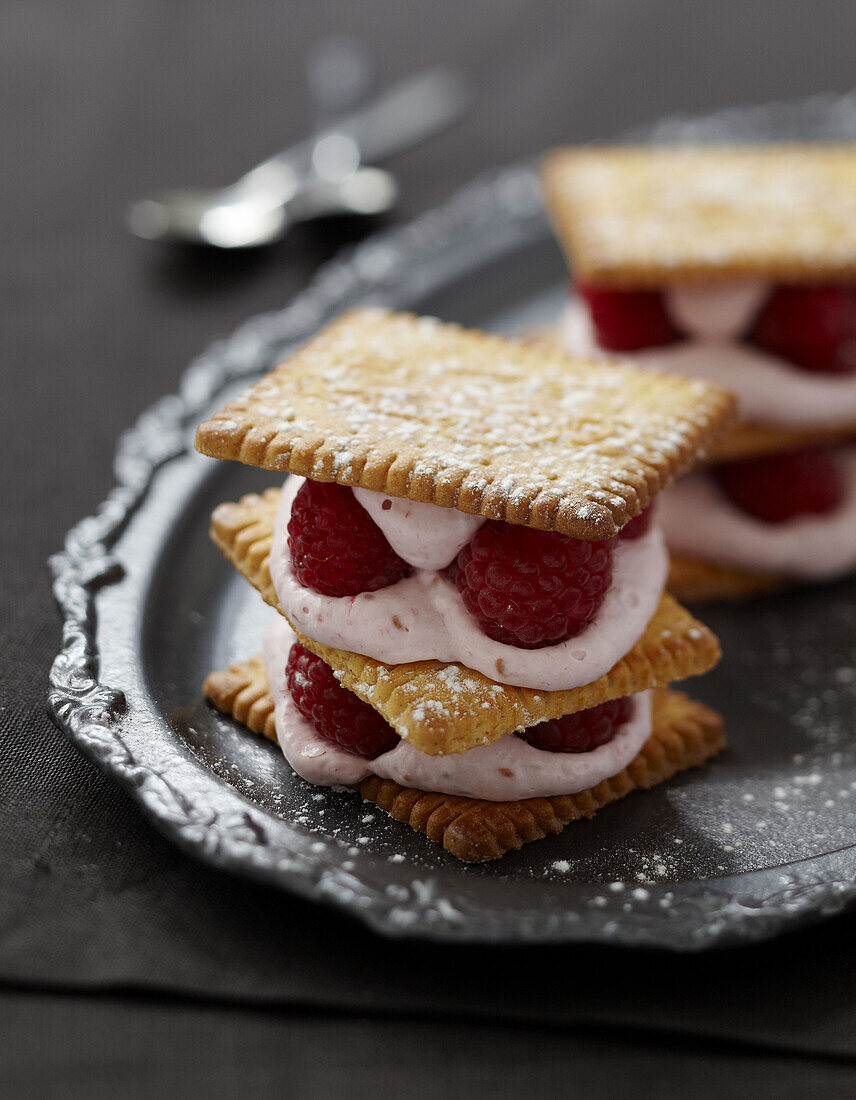 Mascarpone and raspberry rich tea biscuit Mille-feuille
