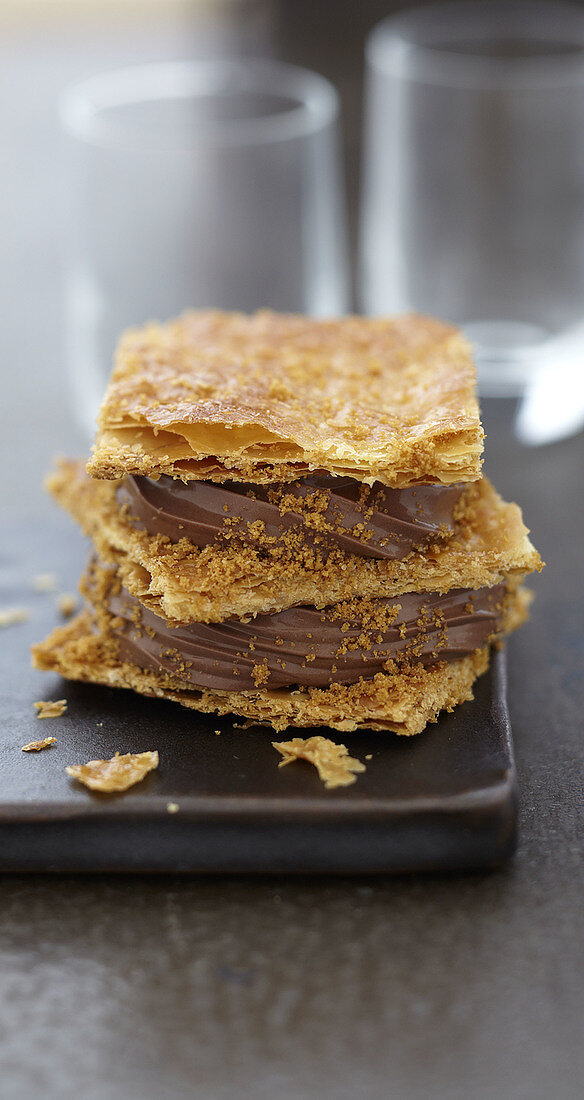 Chocolate ganache and Speculos gingerbread biscuit crumb Mille-feuille