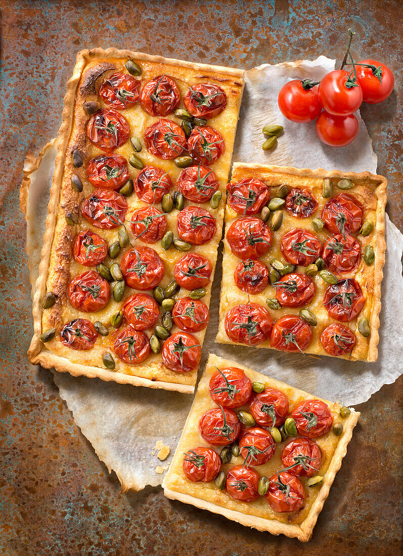 Cherry tomato,pistachio and almond cream tart